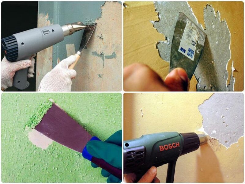 На фото: механический способ удаления старой краски со стен.